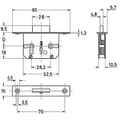 Furniture lock 667-40mm H+V incl. Key MS Elz S 15 x 85mm