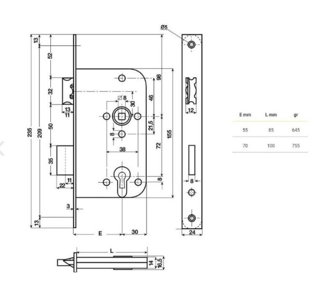 Middle door lock SINA D 55mm +Tin 235x24mm round HV Brass Polished with lacquer CC 72m