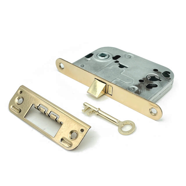 Mittleres Türschloss 2014 inkl. Zinnschlüsselschrauben, Messing poliert, unlackiert, 20 x 149 mm