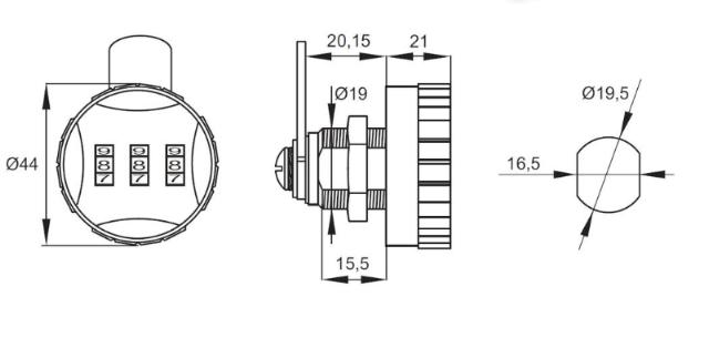 Siso code lock Ø44MM black/grey 19x16 mm with 15 mm thread length.