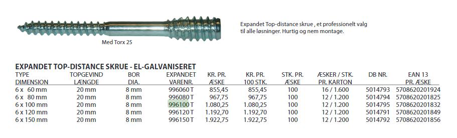 EXP Top-Distance skruv 6x100 mm TX25 PK med 100 st.